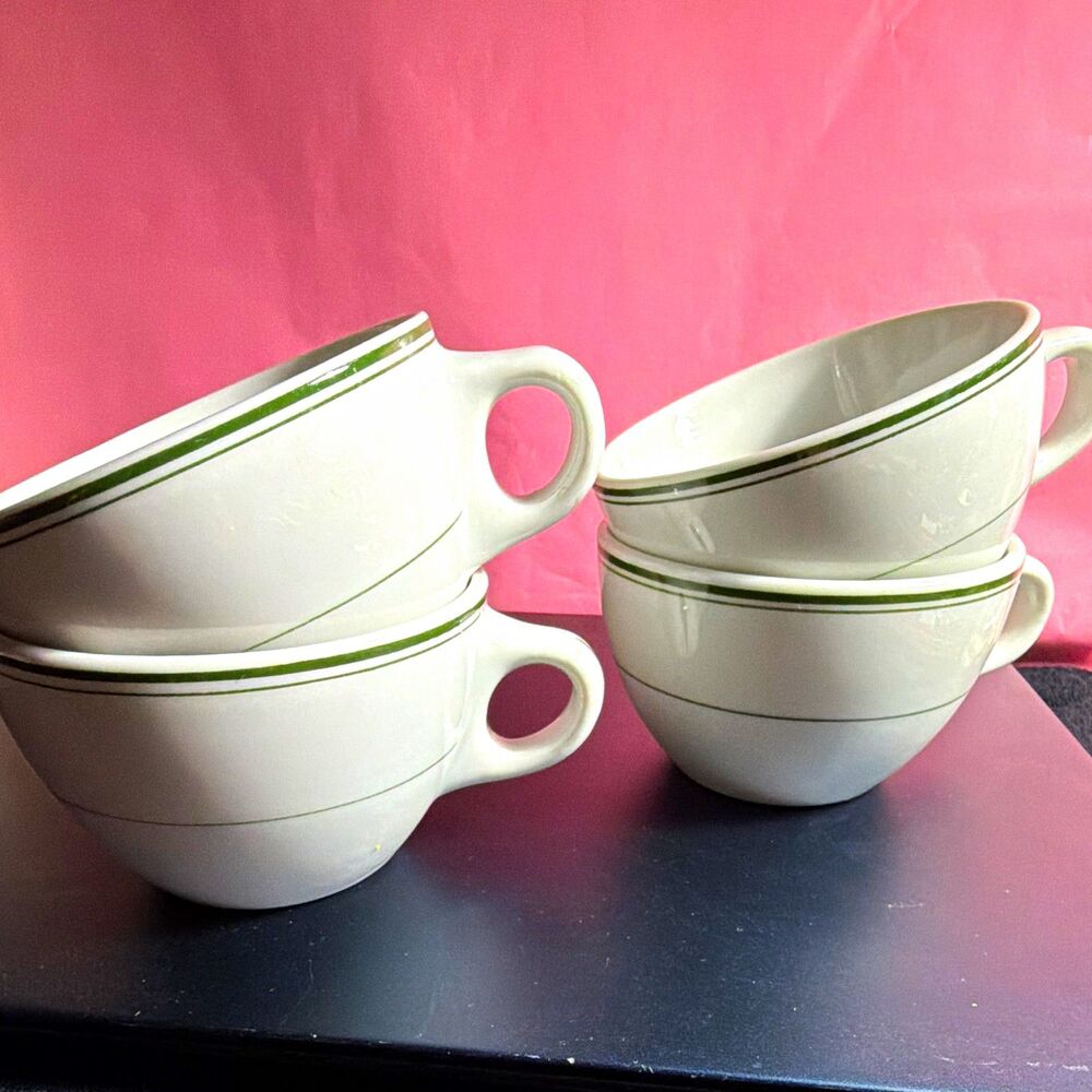 Vintage Green Stripe Diner Coffee Cups Set of 4 Restaurant China Ware
